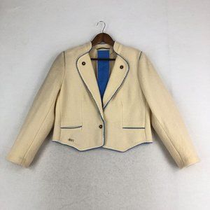 Litza VTG Women's Size 6 Cream Blue Pure New Wool Collared Blazer Jacket